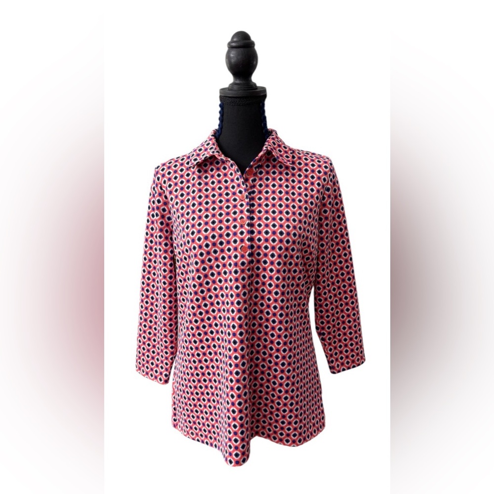 Talbots Coral and Navy Geometric Button-Up Blouse